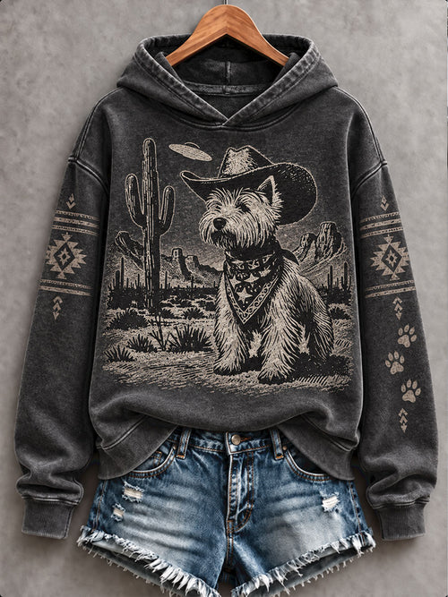 Women's Retro Westren Style Dogs Lover Art Printed Hoodie