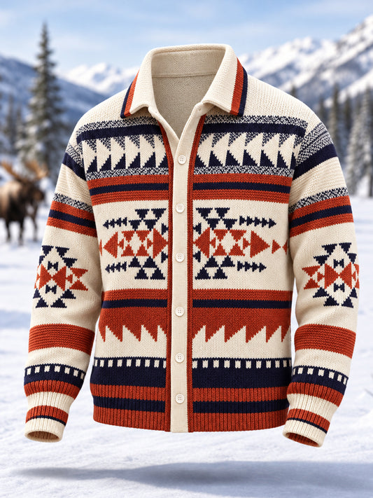 Men's Winter Geometric Totem Print Casual Cardigan