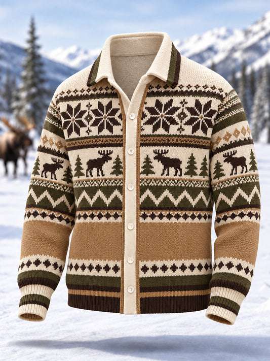 Men's Winter Moose Geometric Totem Print Casual Cardigan