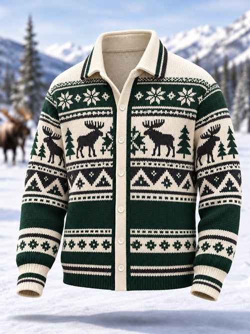 Men's Winter Moose Geometric Totem Print Casual Cardigan