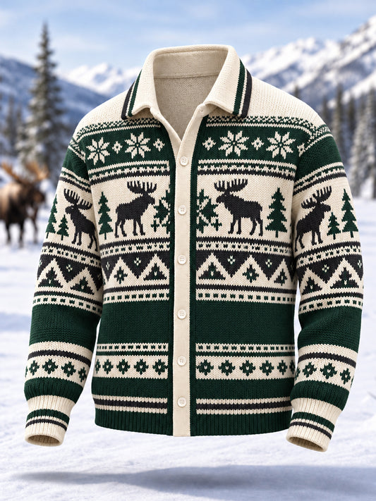 Men's Winter Moose Geometric Totem Print Casual Cardigan