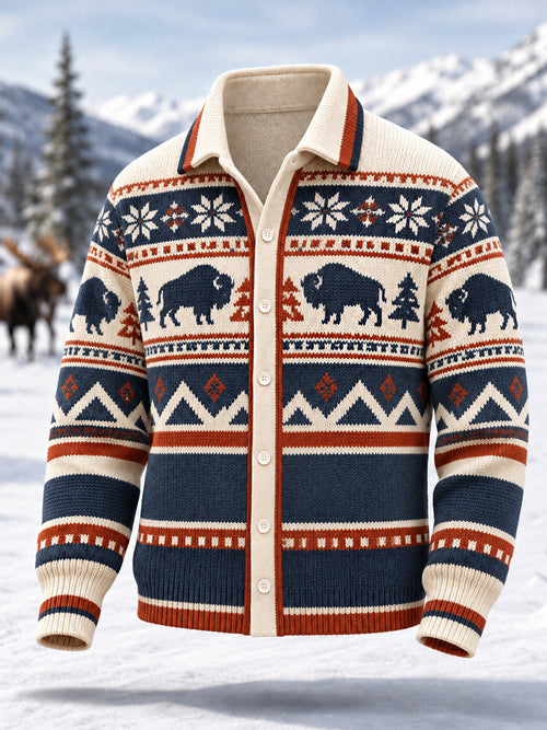 Men's Winter Buffalo Geometric Totem Print Casual Cardigan
