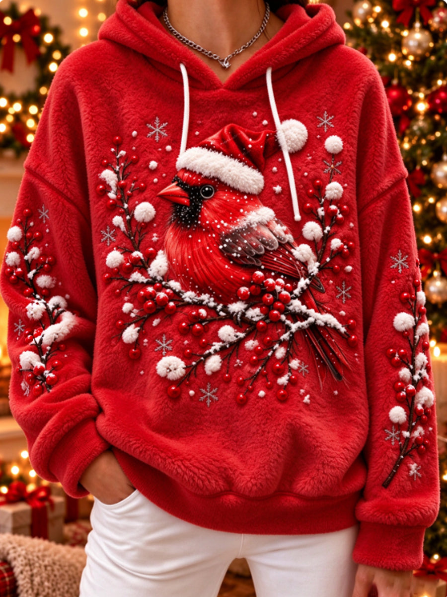 Women's vintage christmas Northern Cardinal Flannel Hoodie