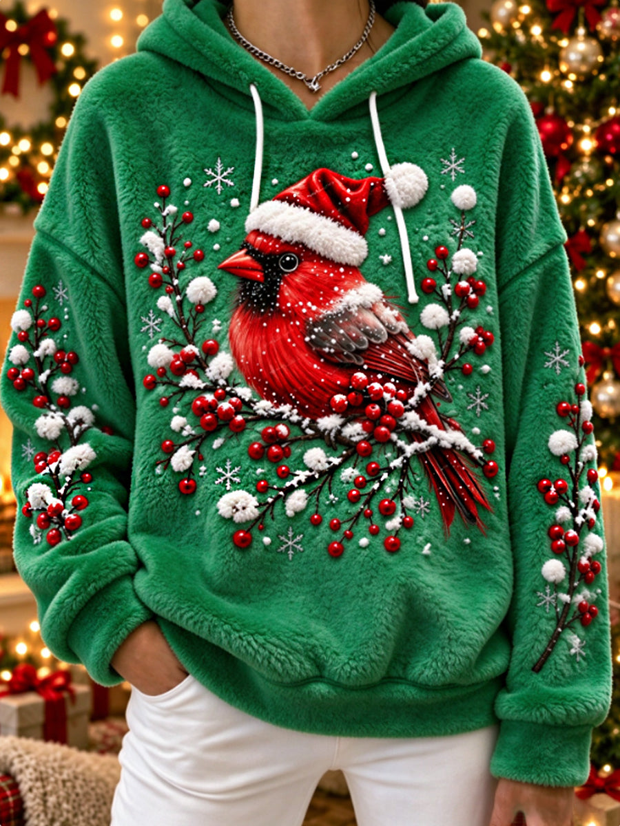 Women's vintage christmas Northern Cardinal Flannel Hoodie