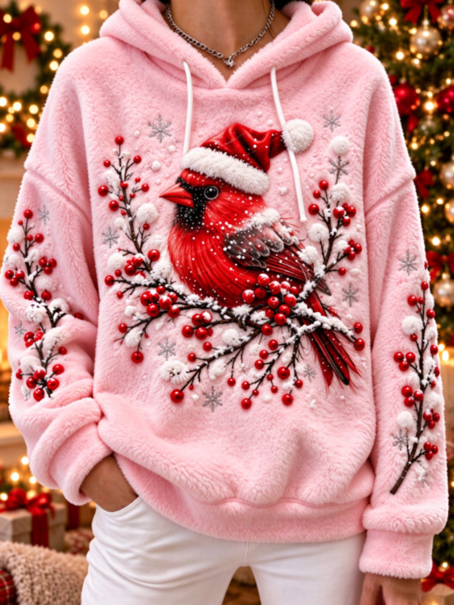Women's vintage christmas Northern Cardinal Flannel Hoodie