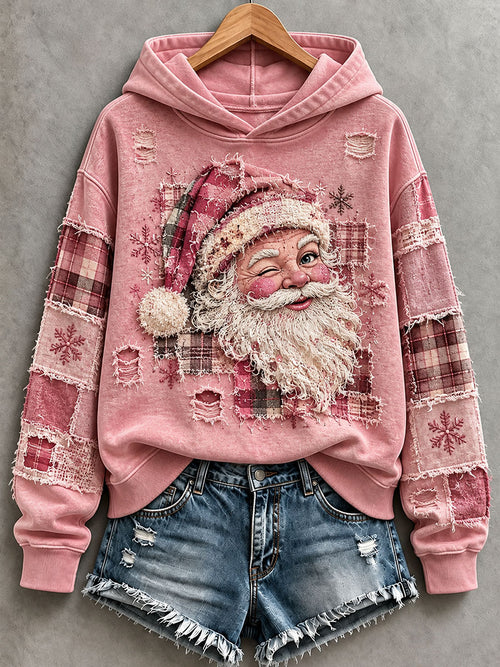 Women's Pink Santa Patchwork Art Hoodie