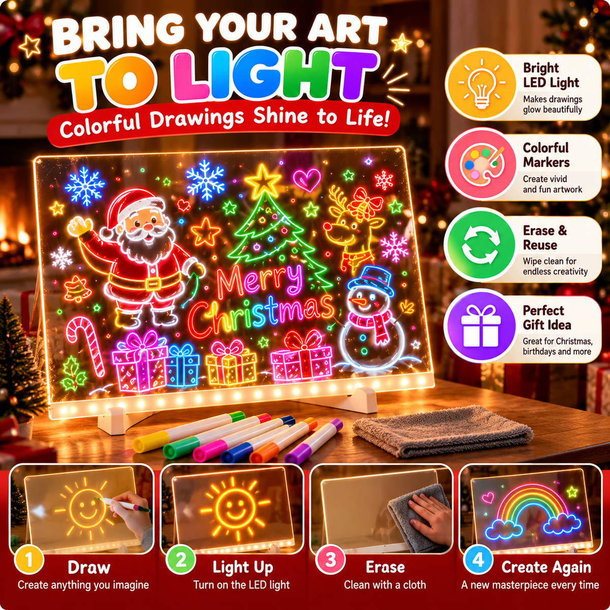🎨 LED Light-Up Drawing Board for Kids a?? Reusable Glow Art Kit