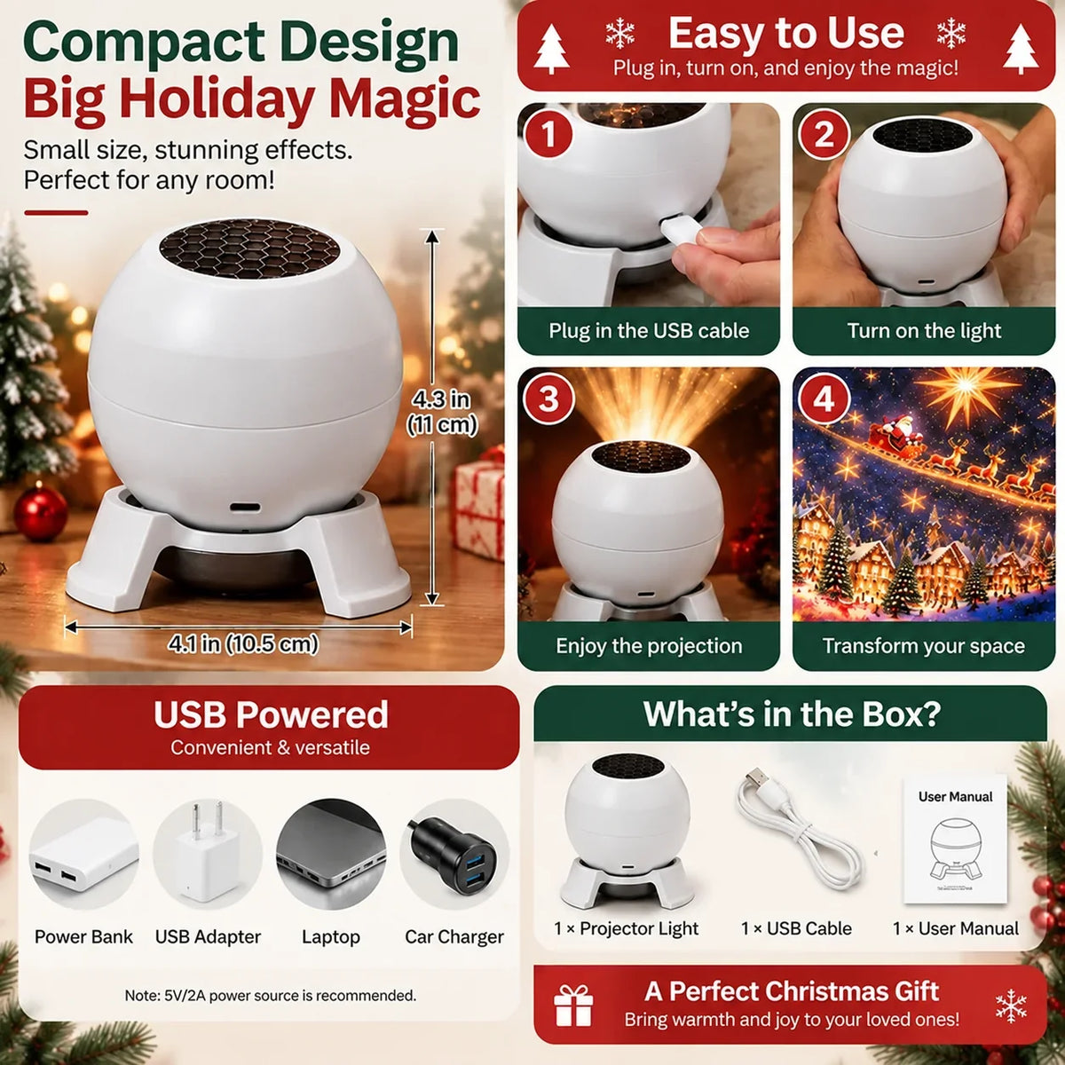 🎁 Turn Any Room Into a Christmas Wonderland – Holiday Projection Night Light